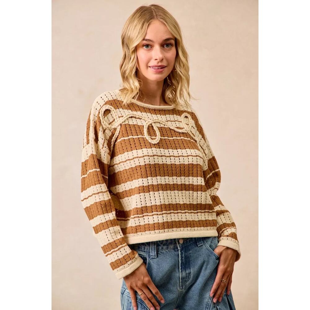 Striped Open Knit Sweater Top with Front Braided Detail